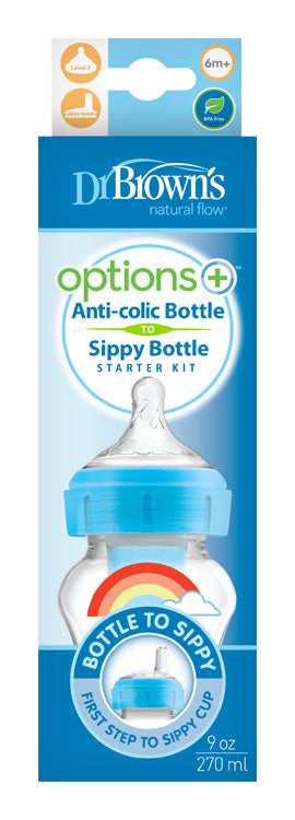 Fľaša antikolik Options+ široké hrdlo 2v1 s náustkom 270ml plast modrá