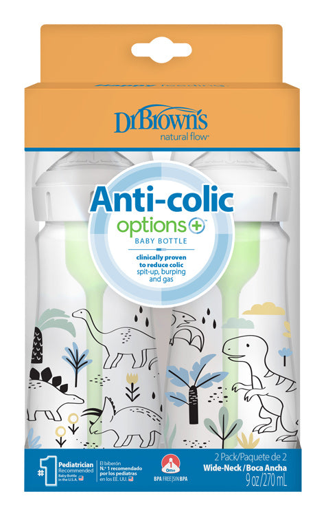 Fľaša antikolik Options+ široké hrdlo 2v1 Dino 270ml 2ks plast