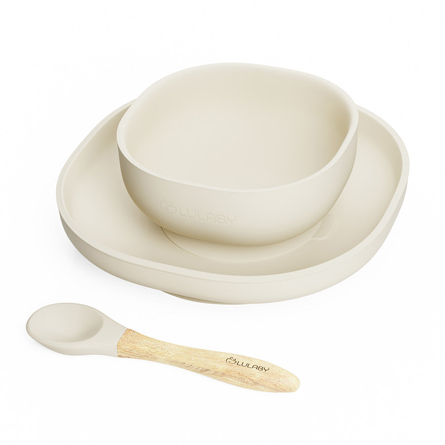 Silikónový riad pre deti 4-dielny Almond