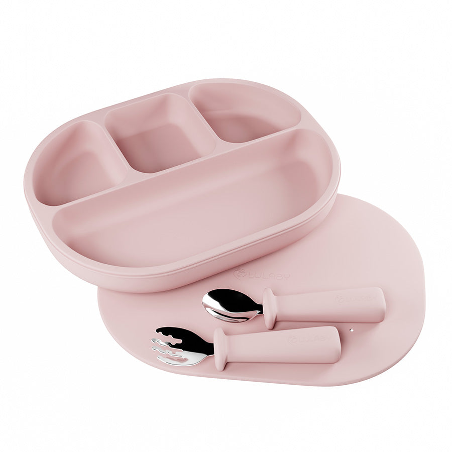 Silikónový tanier s prísavkou 4-dielny + kovový príbor | 6 farieb