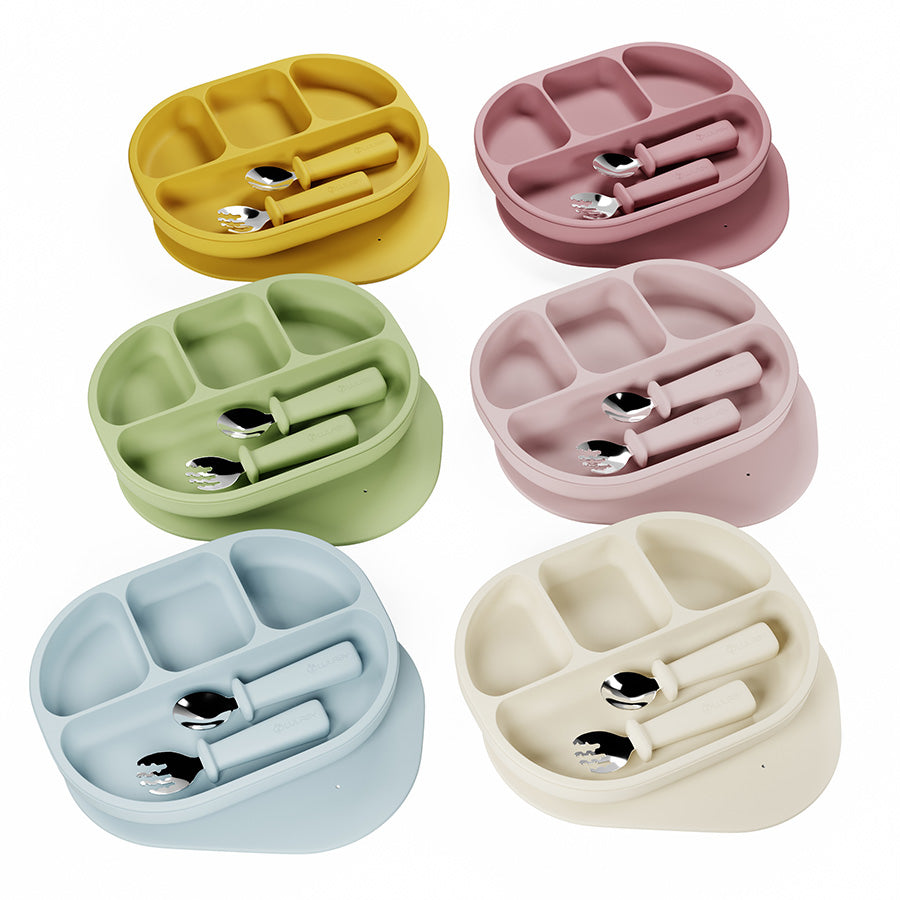 Silikónový tanier s prísavkou 4-dielny + kovový príbor | 6 farieb