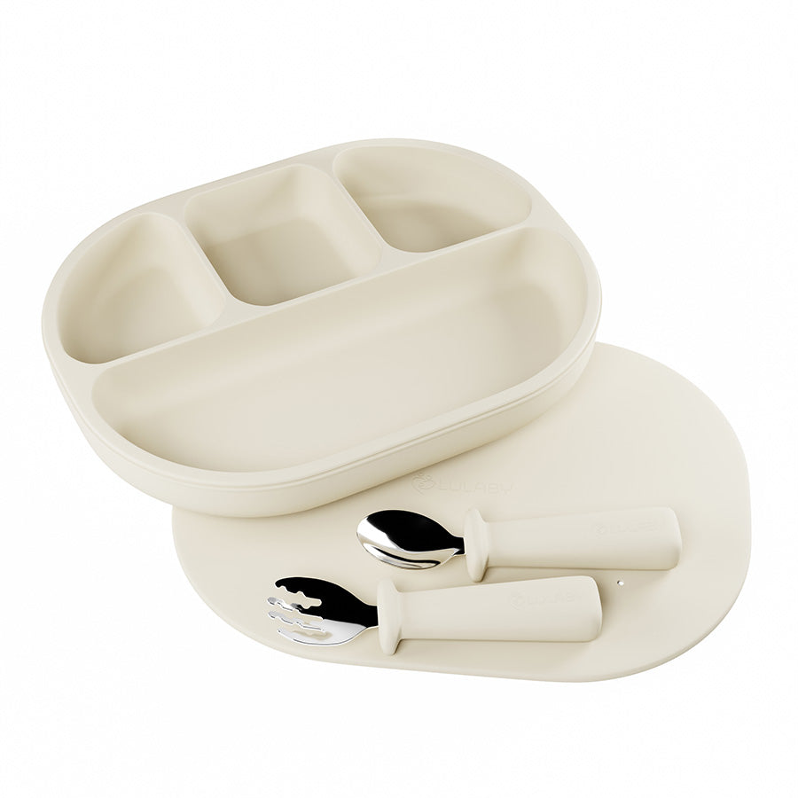 Silikónový tanier s prísavkou 4-dielny + kovový príbor | 6 farieb