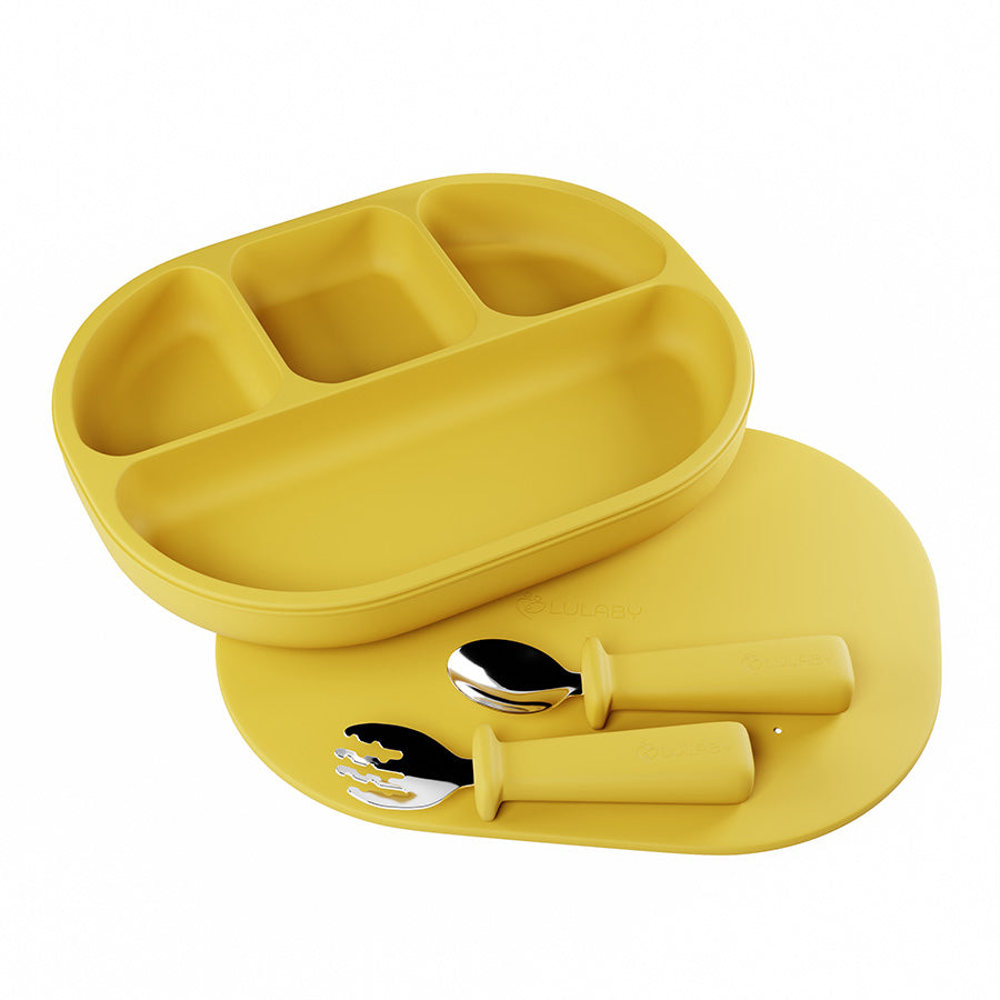 Silikónový tanier s prísavkou 4-dielny + kovový príbor | 6 farieb