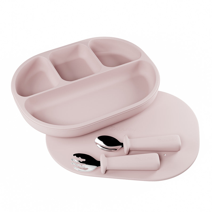 Silikónový tanier s prísavkou 4-dielny + kovový príbor | 6 farieb