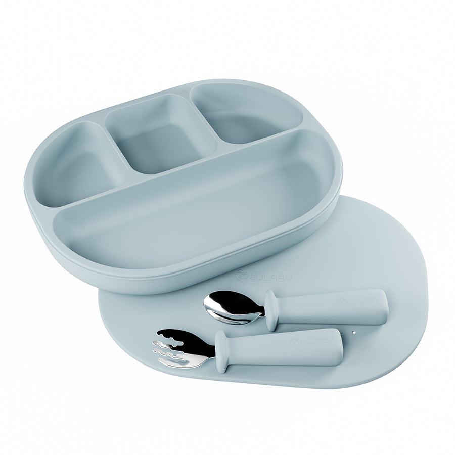 Silikónový tanier s prísavkou 4-dielny + kovový príbor | 6 farieb