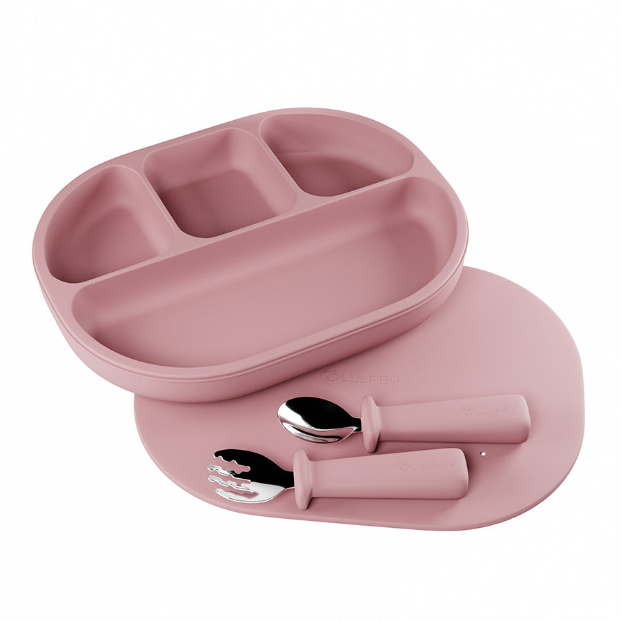 Silikónový tanier s prísavkou 4-dielny + kovový príbor | 6 farieb