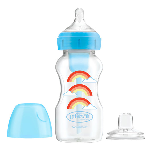 Fľaša antikolik Options+ široké hrdlo 2v1 s náustkom 270ml plast modrá